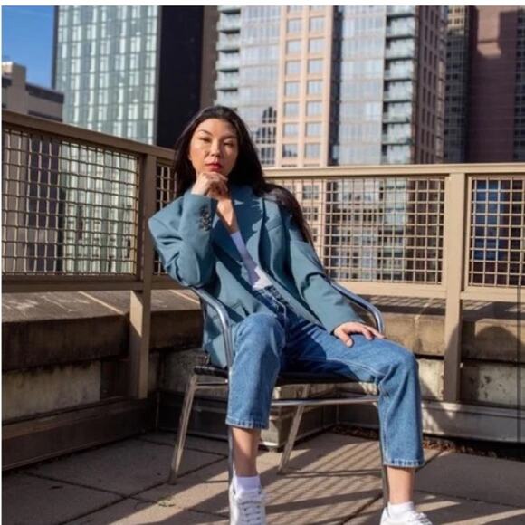 Everlane The ’80s Italian Wool Blazer teal oversized 3 button office casual - Picture 2 of 11